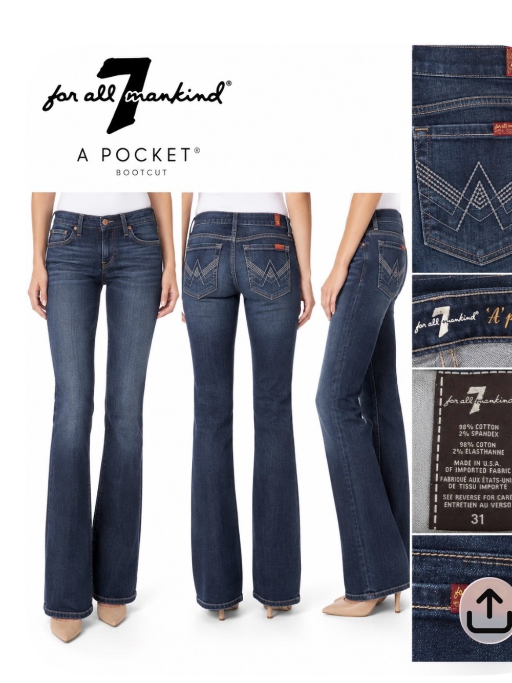 7 For All Mankind A Pocket Bootcut Jeans Women’s 31 Dark Wash Y2K